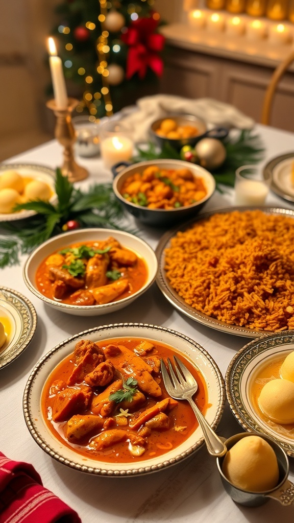 An Indian Christmas dinner spread with Butter Chicken, Vegetable Biryani, and Gulab Jamun on a decorated table.
